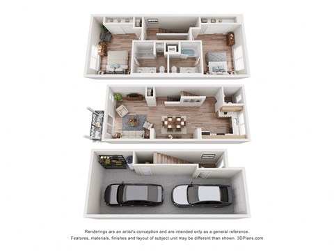 Floor plan for 2 beds, 2.5 baths, 1290 sqft